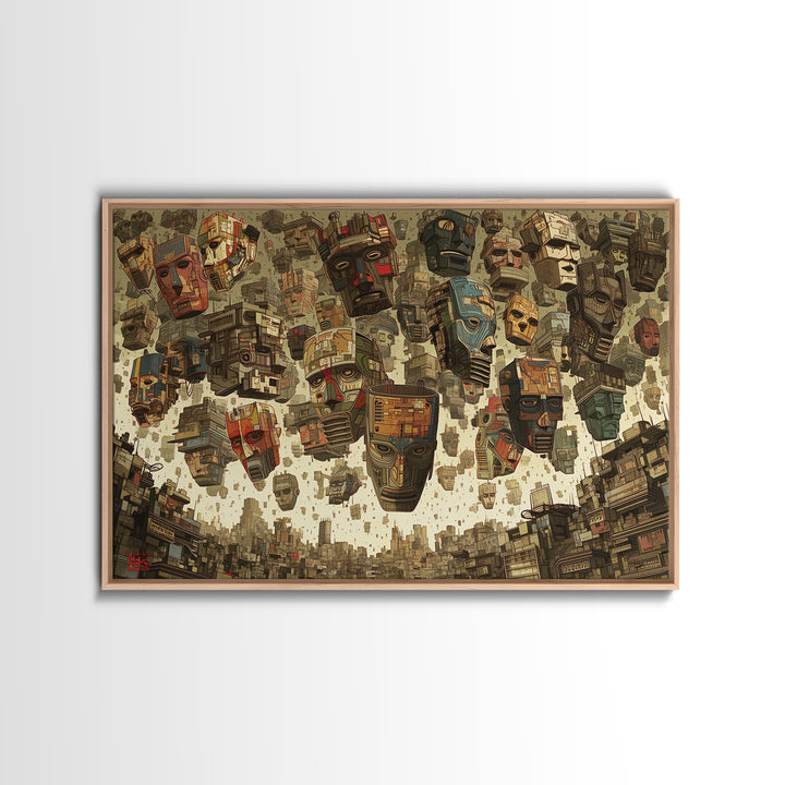 Floating Tribal Masks In Futuristic African City Framed Canvas Print, African Mask Art, Afrocentric Wall Decor, Bold Gift