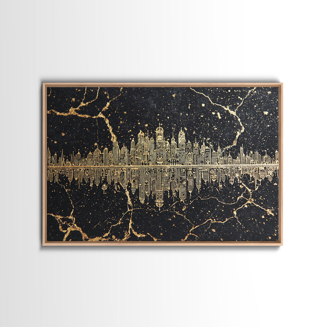 Gold Line Art Skyline Reflected On Black Marble Wall Art, Luxury Canvas Print, Modern Office Decor, Elegant Home Decor Gift