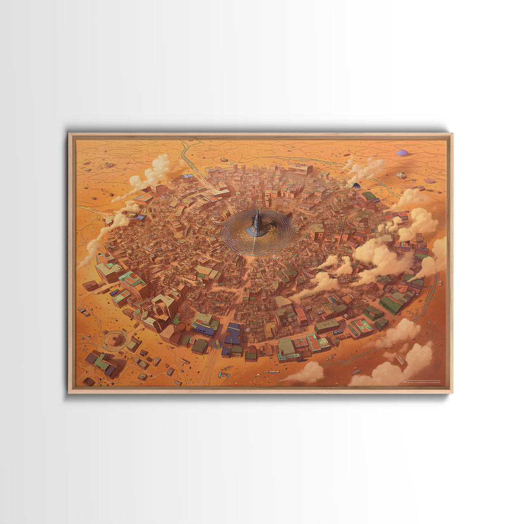 Circular Desert City Around A Central Spire Canvas Print, African Landscape Wall Art, Futuristic Home Decor, Unique Gift
