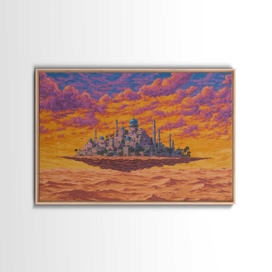 Floating Desert Palace Framed Canvas Print, Orange Sunset Mosque Artwork, African Inspired Travel Decor For Statement Walls