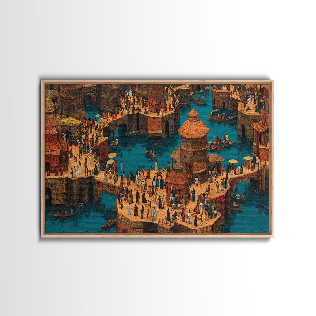 Bustling African Canal Market Wall Art, Crowded Waterfront City Print, Cultural Decor For Living Room Or Office Gallery Wall