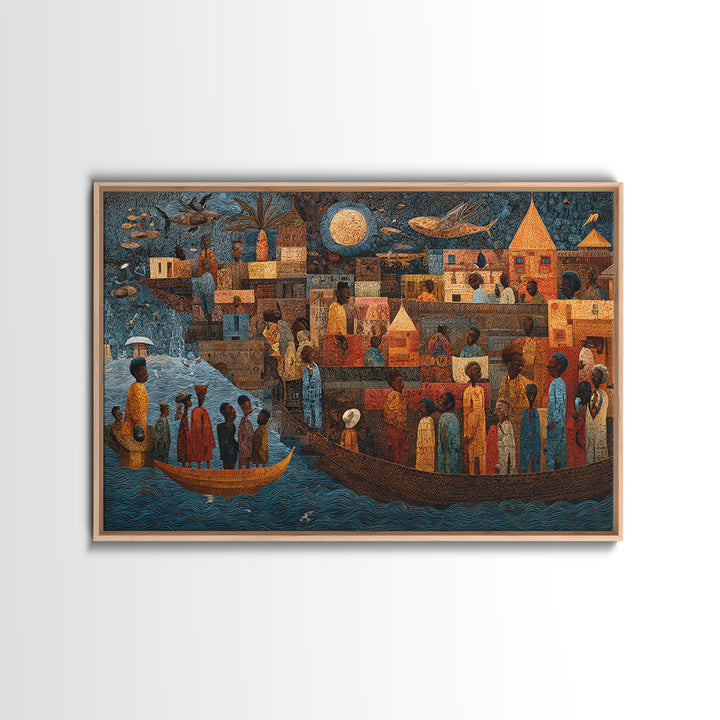 Moonlit African Story Boat Wall Art, Folk Village Figures And Ancestral River, Afrocentric Cultural Decor Canvas Print Gift