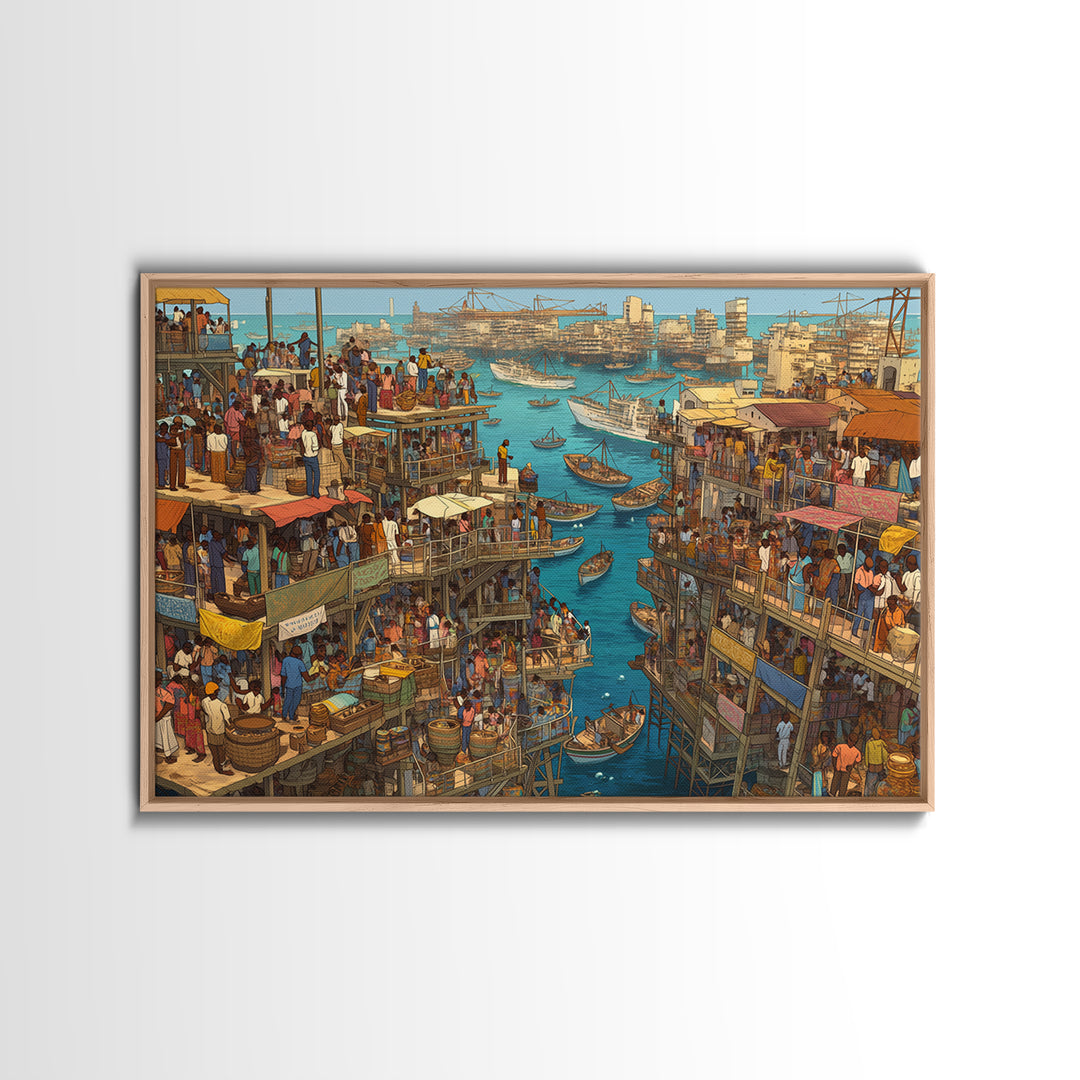 Crowded Coastal Harbor Wall Art, African Waterfront Market City, Detailed Boat Scene For Urban Living Room Decor Canvas Print Gift