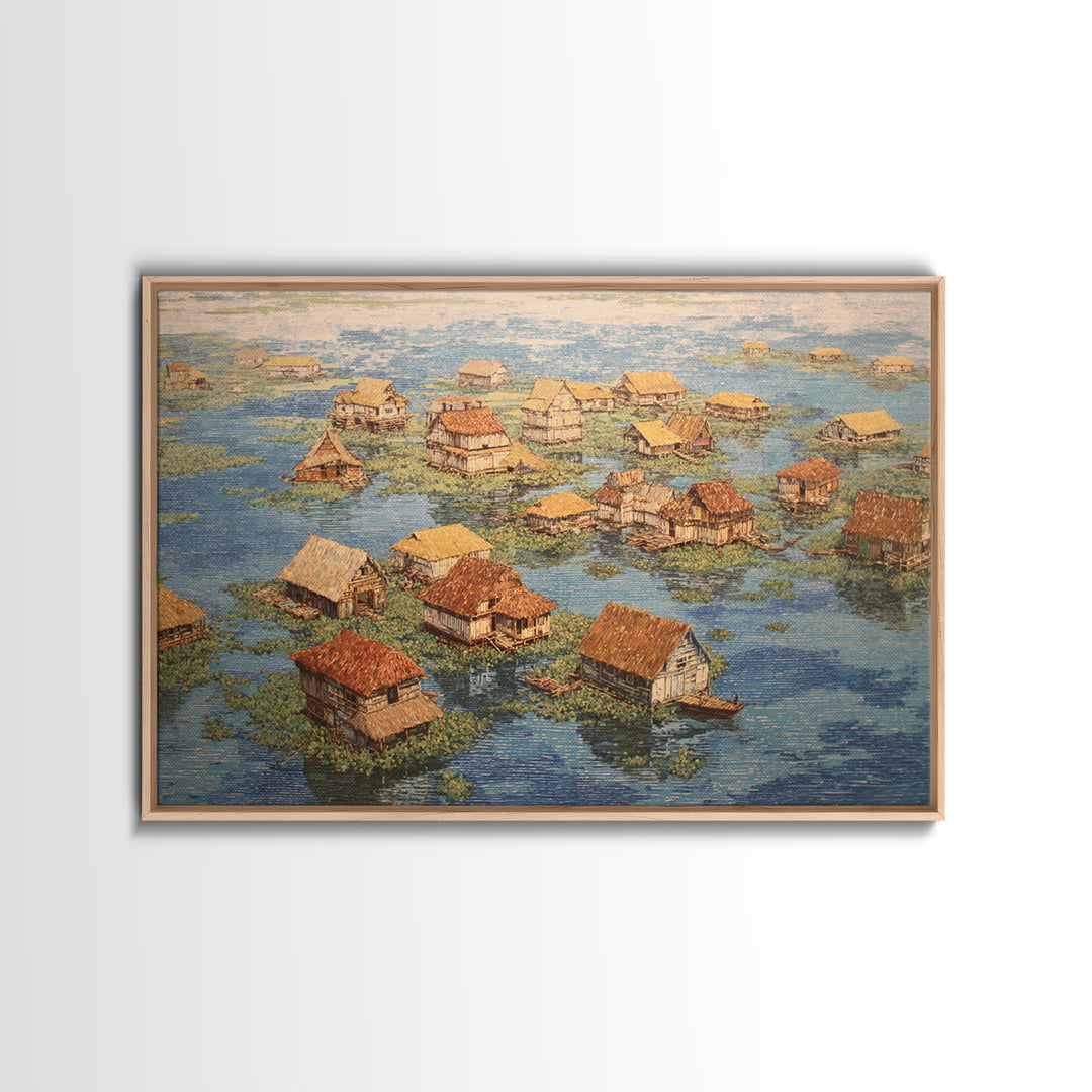 Peaceful Stilt Village Framed Canvas Print, Floating Water Houses And Boats, African Coastal Wall Decor For Home Gallery