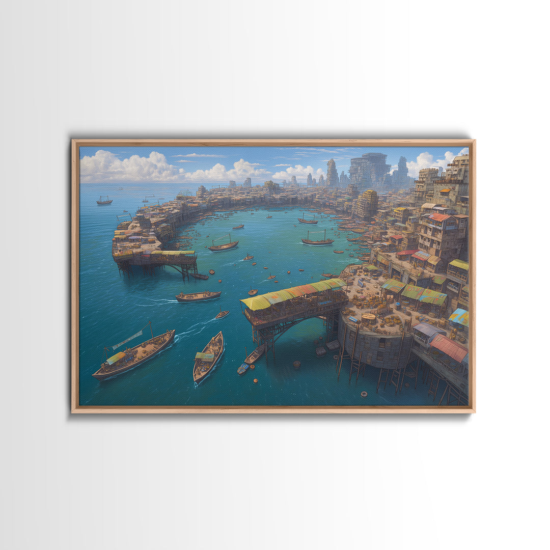 Futuristic African Harbor Canvas Print, Panoramic Coastal City With Boats, Modern Wall Art For Living Room Statement Decor