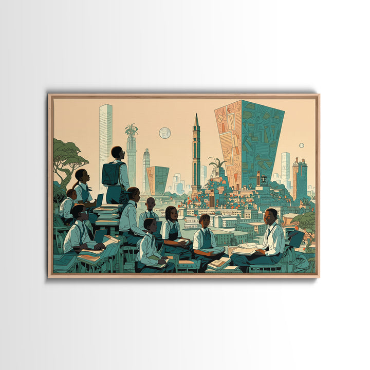 Afrofuturist Classroom Wall Art, African Children Cityscape, Black Education Poster, Modern Culture Home Decor Gift, Canvas Print