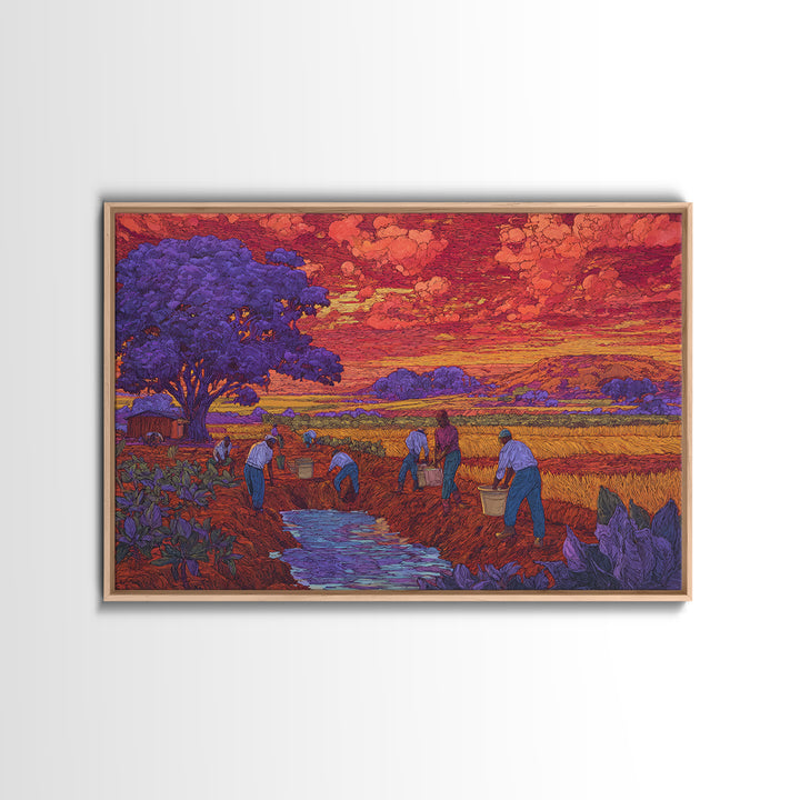 Purple Tree Harvest Wall Art, African Village Landscape, Colorful Sunset Field Painting, Cultural Canvas Print Decor Gift