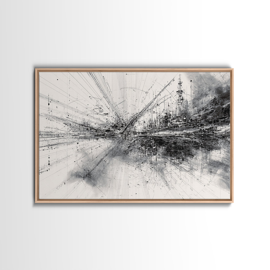 Monochrome Abstract Technical Skyline Canvas Print, Black And White Wall Decor, Minimalist Modern Office Art Gift For Study