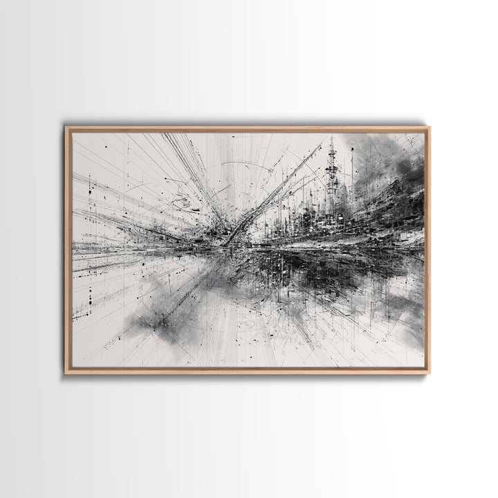Monochrome Abstract Technical Skyline Canvas Print, Black And White Wall Decor, Minimalist Modern Office Art Gift For Study