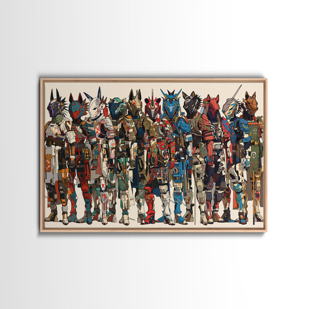 Futuristic African Mecha Warriors, Tribal Mask Canvas Print, Afrocentric Wall Art, Bold Black Culture Art, Modern Safari Decor