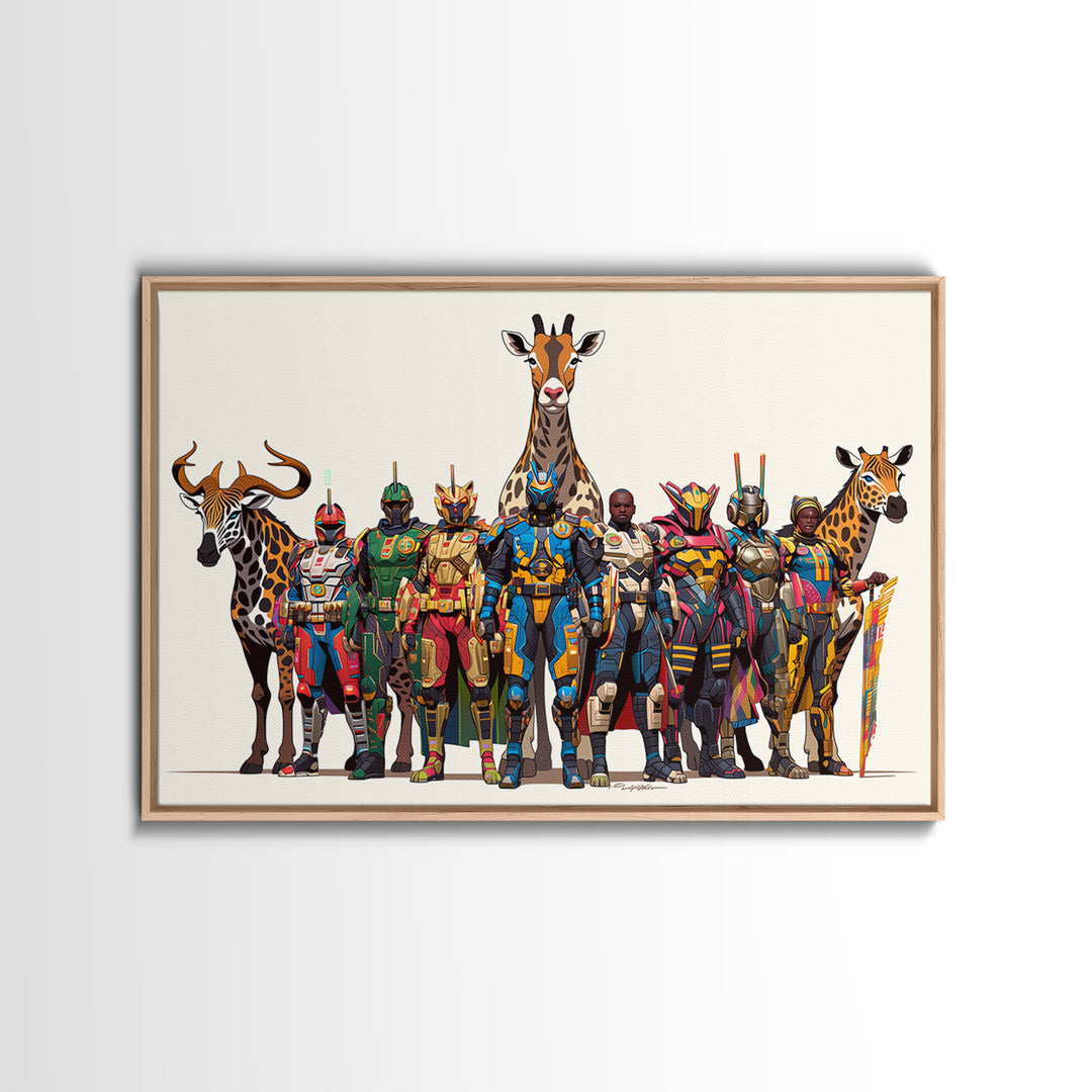 Afrofuturist Safari Warriors With Giraffes, African Wall Art, Framed Canvas Print, Tribal Queen Art, Bold Home Decor Gift