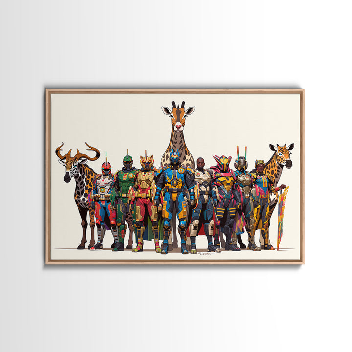 Afrofuturist Safari Warriors With Giraffes, African Wall Art, Framed Canvas Print, Tribal Queen Art, Bold Home Decor Gift