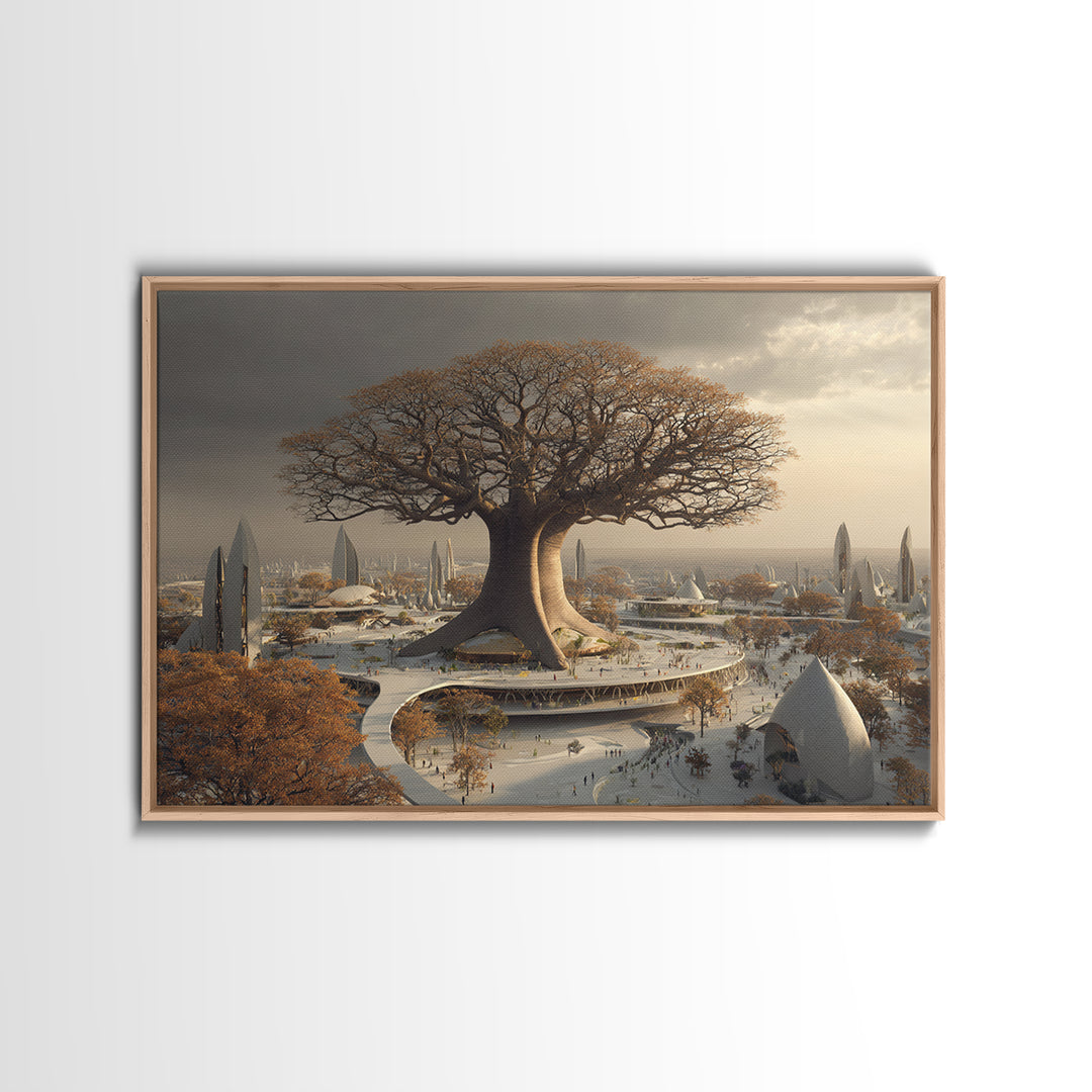 Giant Baobab Future City At Sunset, African Landscape Wall Art, Framed Canvas Print, Afrofuturism Decor, Statement Art For Living Room