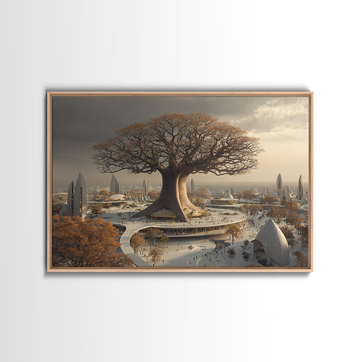 Giant Baobab Future City At Sunset, African Landscape Wall Art, Framed Canvas Print, Afrofuturism Decor, Statement Art For Living Room