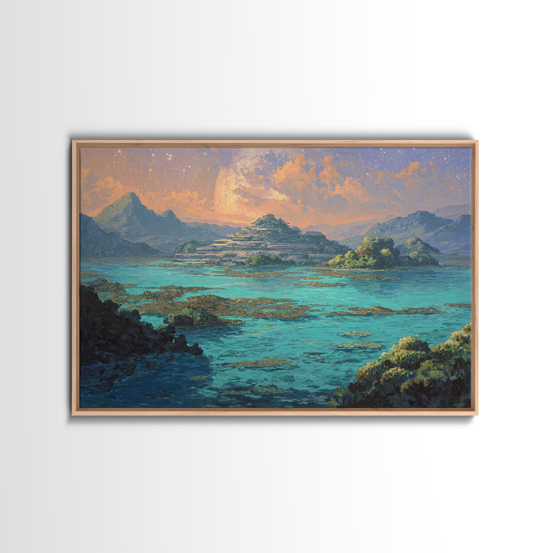 Turquoise Island Temple Landscape, Dreamy African Inspired Wall Art, Canvas Print, Nature Scene Art, Bohemian Home Decor Gift