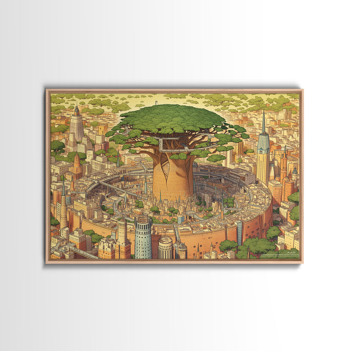 Illustrated Baobab Megacity, African Tree Wall Art, Framed Canvas Print, Afrofuturism Decor, Statement Cultural Home Decor Gift