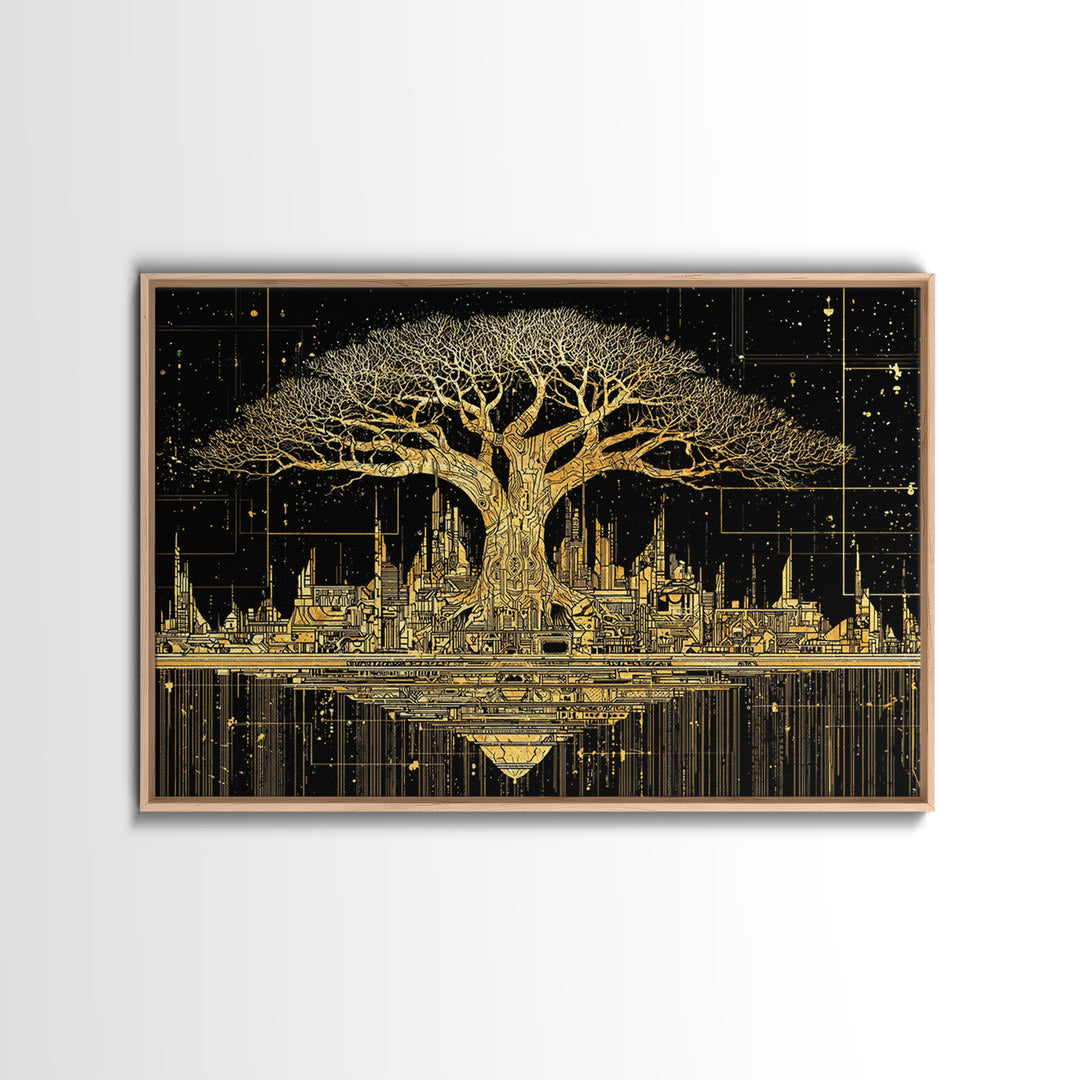 Gold Baobab Futuristic Skyline On Black, African Wall Art, Canvas Print, Black And Gold Art, Luxury Canvas Art Statement Home Decor