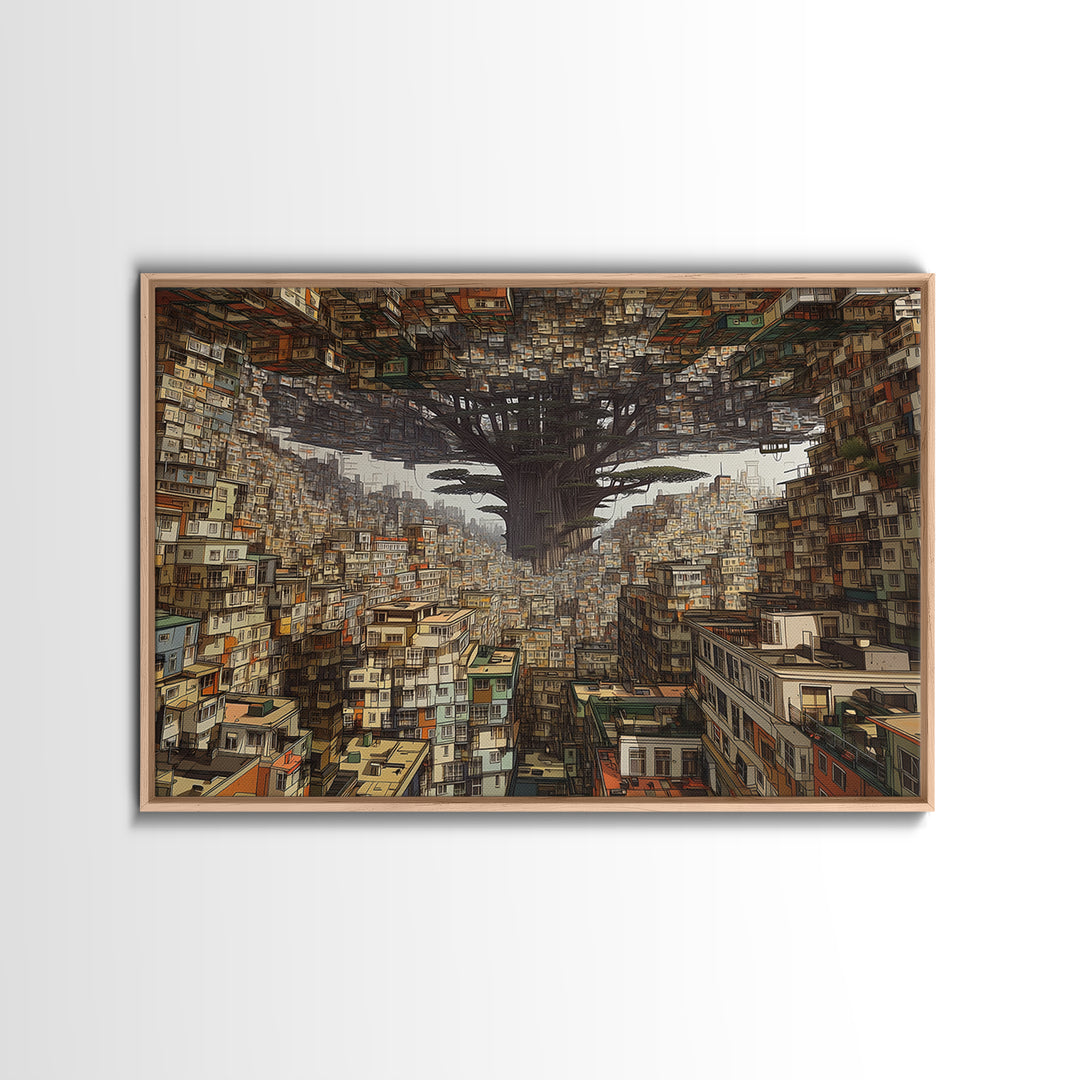 Upside Down Baobab Cityscape, African Abstract Wall Art, Framed Canvas Print, Urban Wall Art, Afrofuturism Statement Home Decor