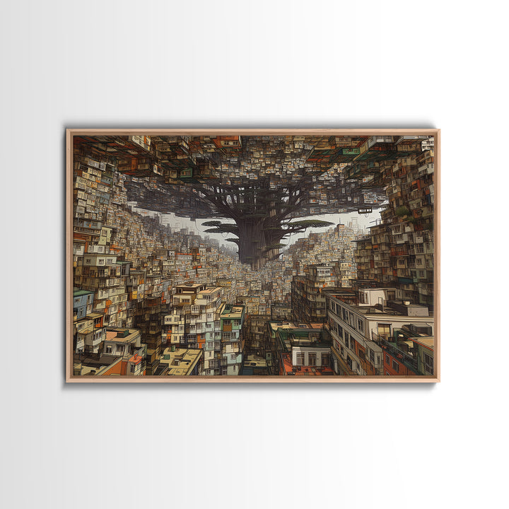 Upside Down Baobab Cityscape, African Abstract Wall Art, Framed Canvas Print, Urban Wall Art, Afrofuturism Statement Home Decor