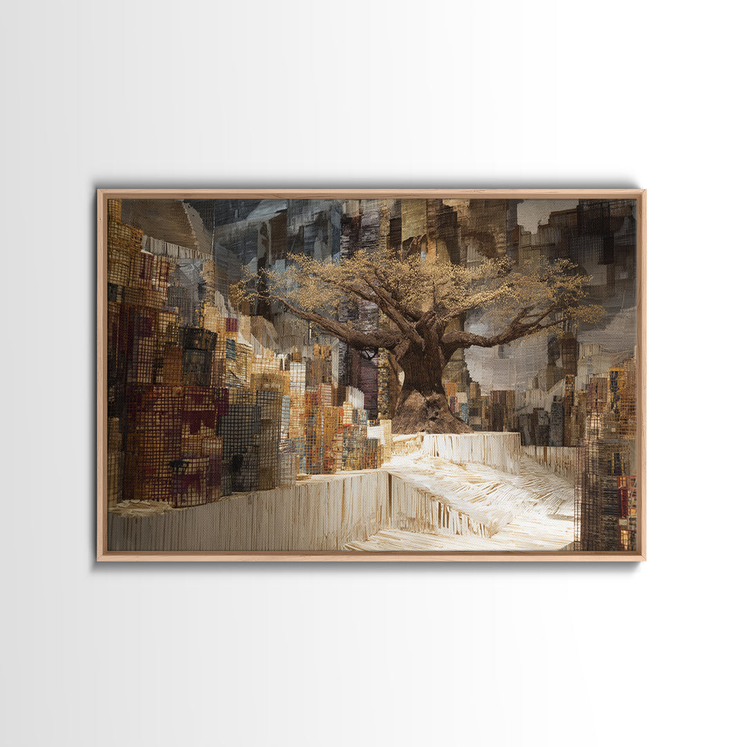 Golden Baobab In Abstract Cityscape Wall Art, African Landscape, Modern African Art, Earth Tone Living Room Decor Canvas