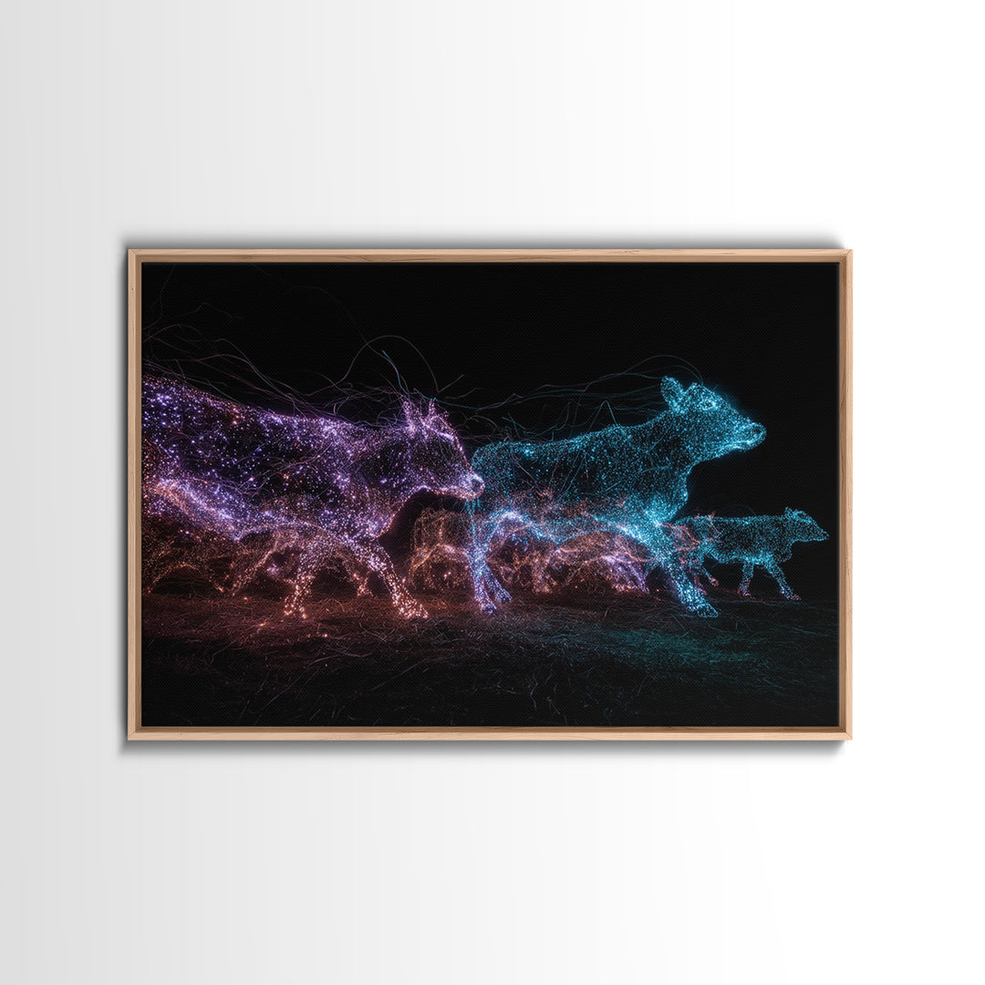 Glowing Digital Cattle Herd Wall Art, African Animal Art, Modern Abstract Black Art, Neon Safari Decor, Unique Canvas Print