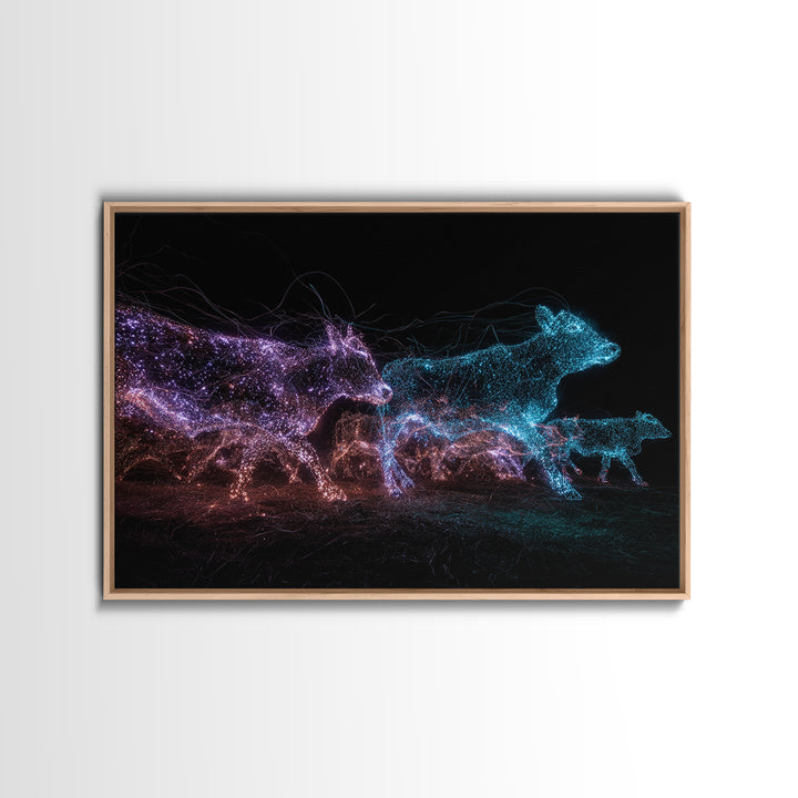 Glowing Digital Cattle Herd Wall Art, African Animal Art, Modern Abstract Black Art, Neon Safari Decor, Unique Canvas Print
