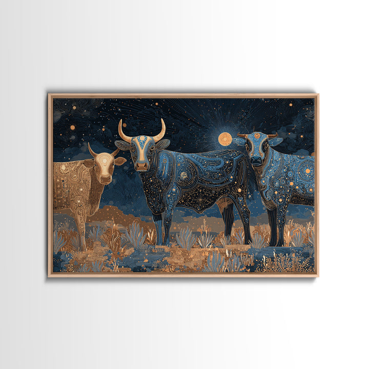 Celestial Longhorn Cattle Canvas Print, African Animal Art, Tribal Patterns, Southwestern Wall Decor, Boho Living Room Art