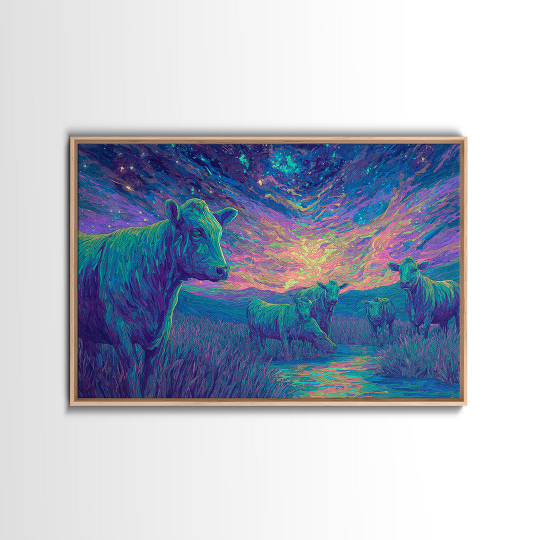 Violet Twilight Cows By Creek Wall Art, African Animal Art, Colorful Safari Art, Dreamy Wall Decor, Nature Scene Canvas Print