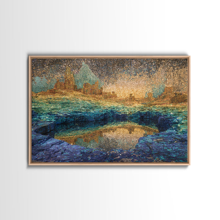 Shimmering Coastal City Lagoon Wall Art, African Landscape, Modern Abstract Art, Teal Gold Decor, Dreamy Living Room Canvas
