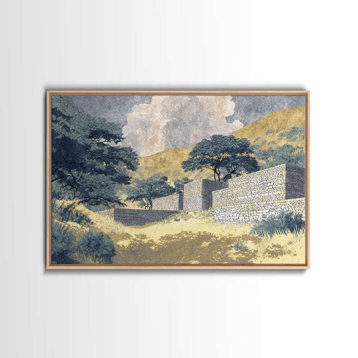 Sunlit Stone Walls In African Hills Framed Canvas Print, Serengeti Landscape Art, Earth Tone Safari Decor Gift, Living Room Wall Decor