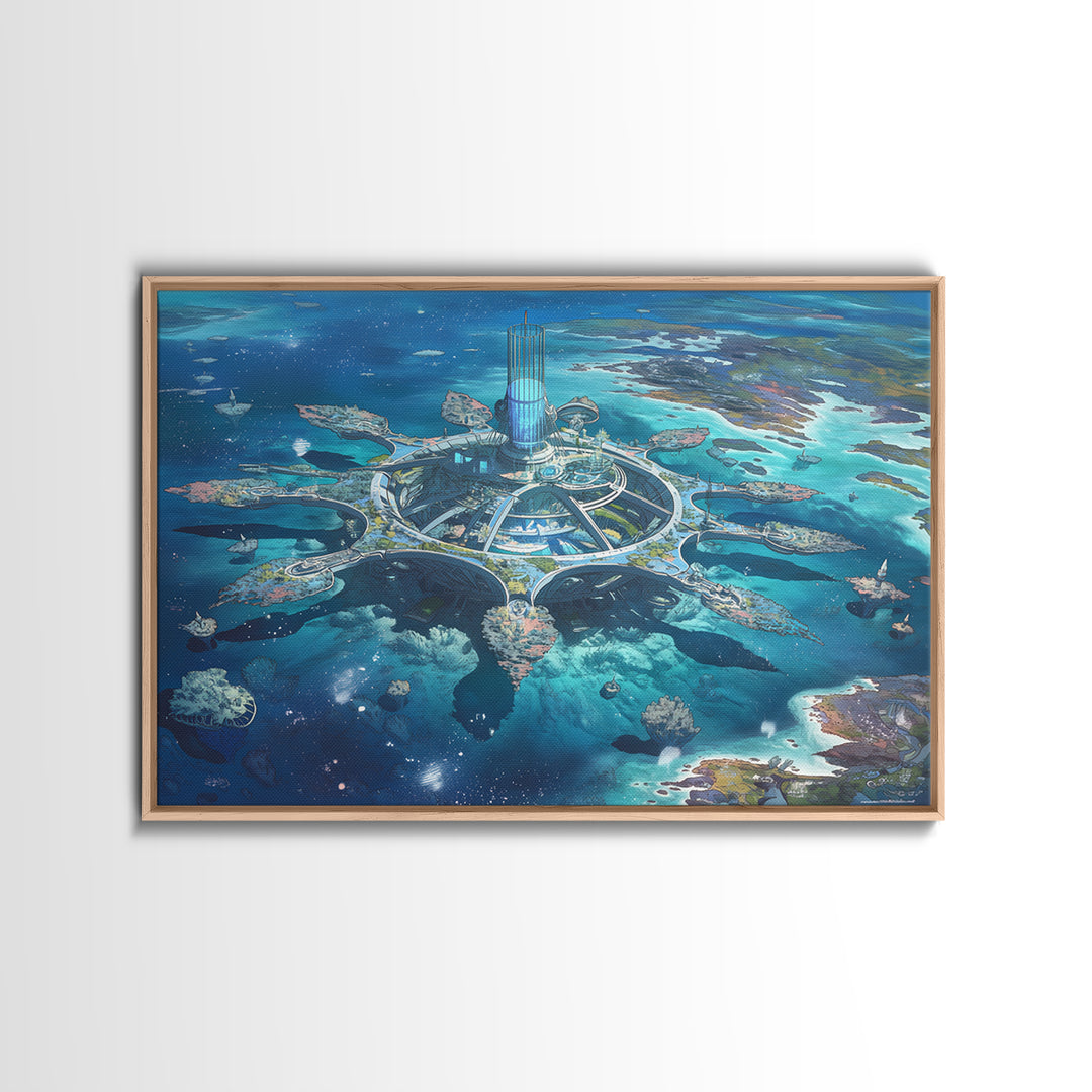 Futuristic Ocean City And Floating Islands Canvas Print, Afrofuturism Wall Art, Blue Sci Fi Coastal Home Decor For Office Gift