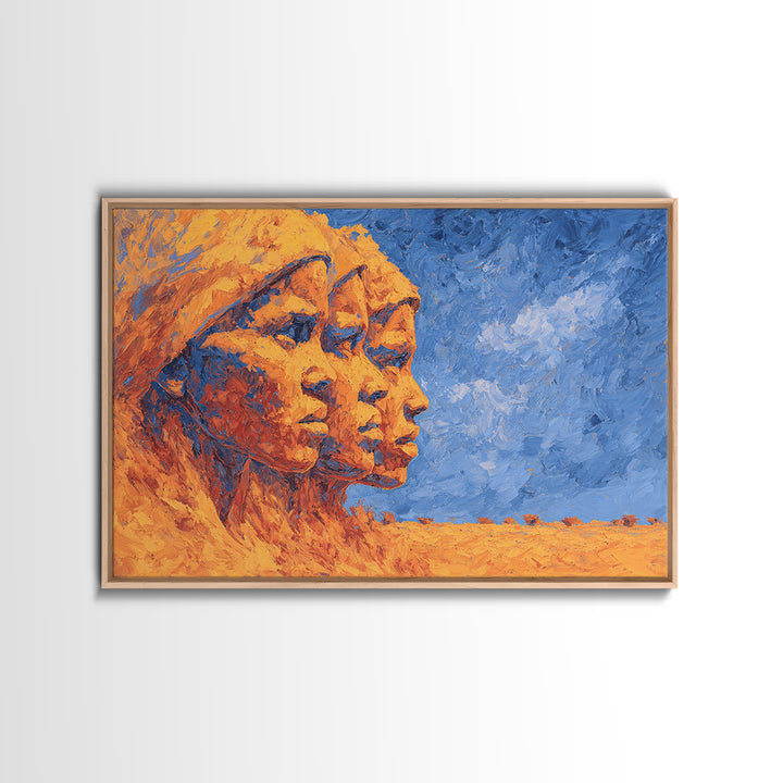 Three African Women Profiles Canvas Print, Orange Blue Portrait Wall Art, Black Beauty Art, Afrocentric Home Decor Art Gift