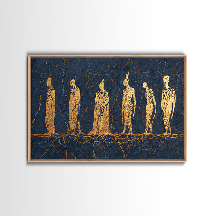 Golden Tribal Figures On Cracked Blue Wall Art, Ancient African Art Print, Ethnic Sculpture Decor, Cultural Home Decor Gift