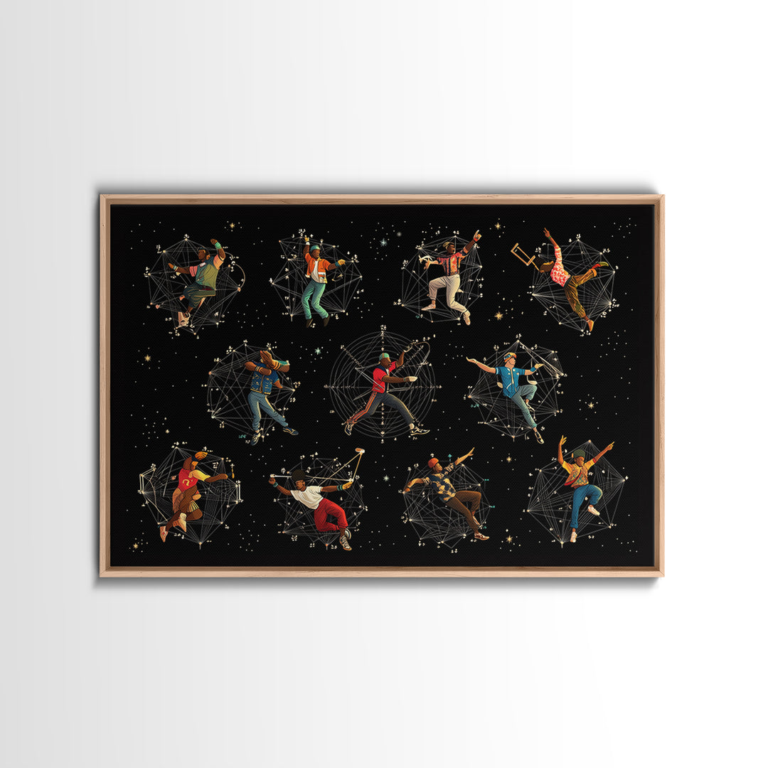 Cosmic African Dancers With Geometric Stars Wall Art, Afrofuturism Decor, Black Culture Art Print, Modern Canvas Art Gift