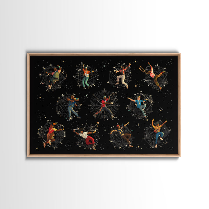 Cosmic African Dancers With Geometric Stars Wall Art, Afrofuturism Decor, Black Culture Art Print, Modern Canvas Art Gift