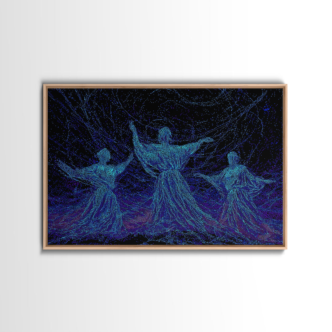 Glowing Blue African Dancers In Starry Motion Wall Art, Afrocentric Decor, Spiritual Feminine Canvas, Modern Black Art Prints