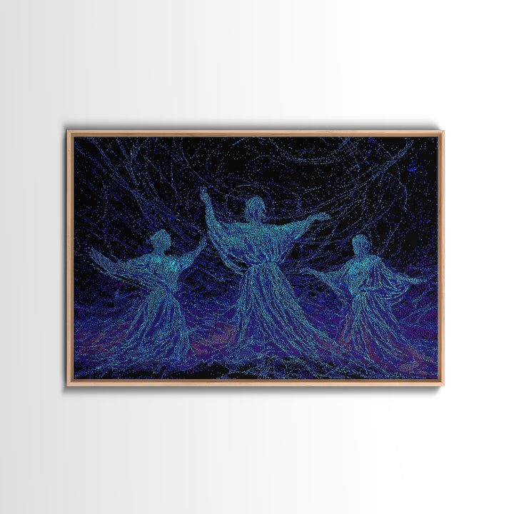 Glowing Blue African Dancers In Starry Motion Wall Art, Afrocentric Decor, Spiritual Feminine Canvas, Modern Black Art Prints