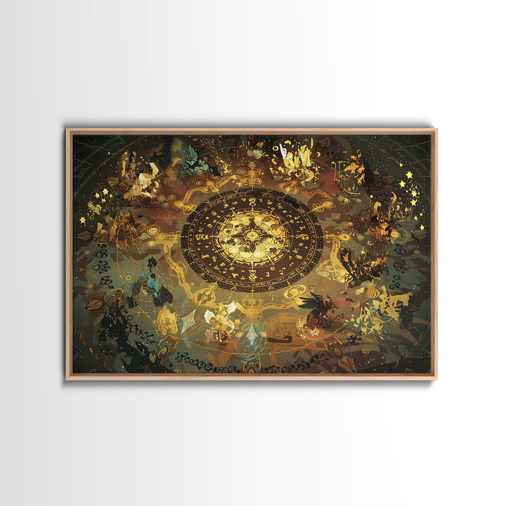 Golden Zodiac Circle And Mystical Animals Wall Art, Spiritual Decor, Astrology Inspired Canvas Print, Boho Home Decor, Gift