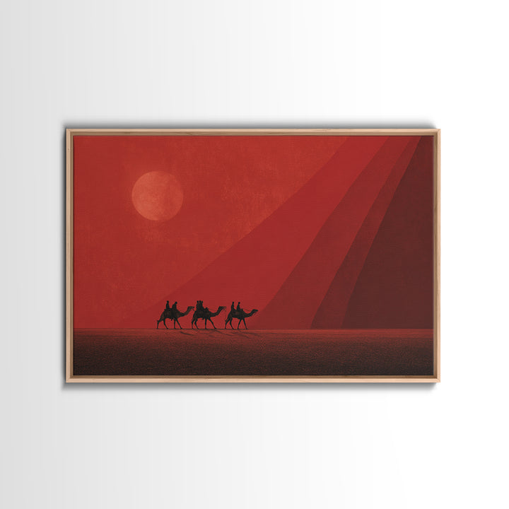 Red Desert Camel Caravan At Sunset Canvas Print, African Safari Art, Morocco Travel Poster, Earth Tone Wall Decor Gift For Him