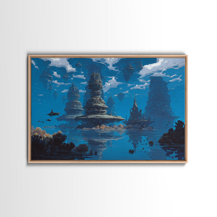 Blue Underwater Fantasy Cityscape Wall Art, Modern Canvas Print, Dreamy Ocean Decor, Unique Large Living Room Art, Home Decor Gift