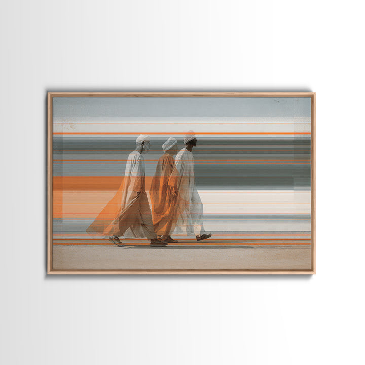 Three Robed Travelers In Motion Wall Art, African Inspired Modern Canvas, Cultural Home Decor, Statement Living Room Print