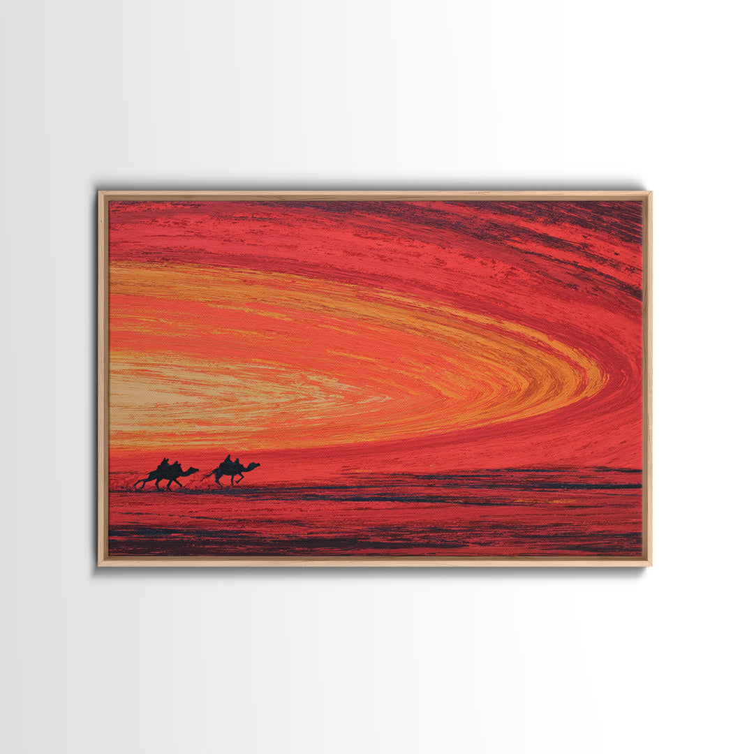 Camels Crossing Fiery Desert Sunset Canvas Print, African Safari Art, Burnt Orange Decor, Travel Poster, Statement Wall Decor