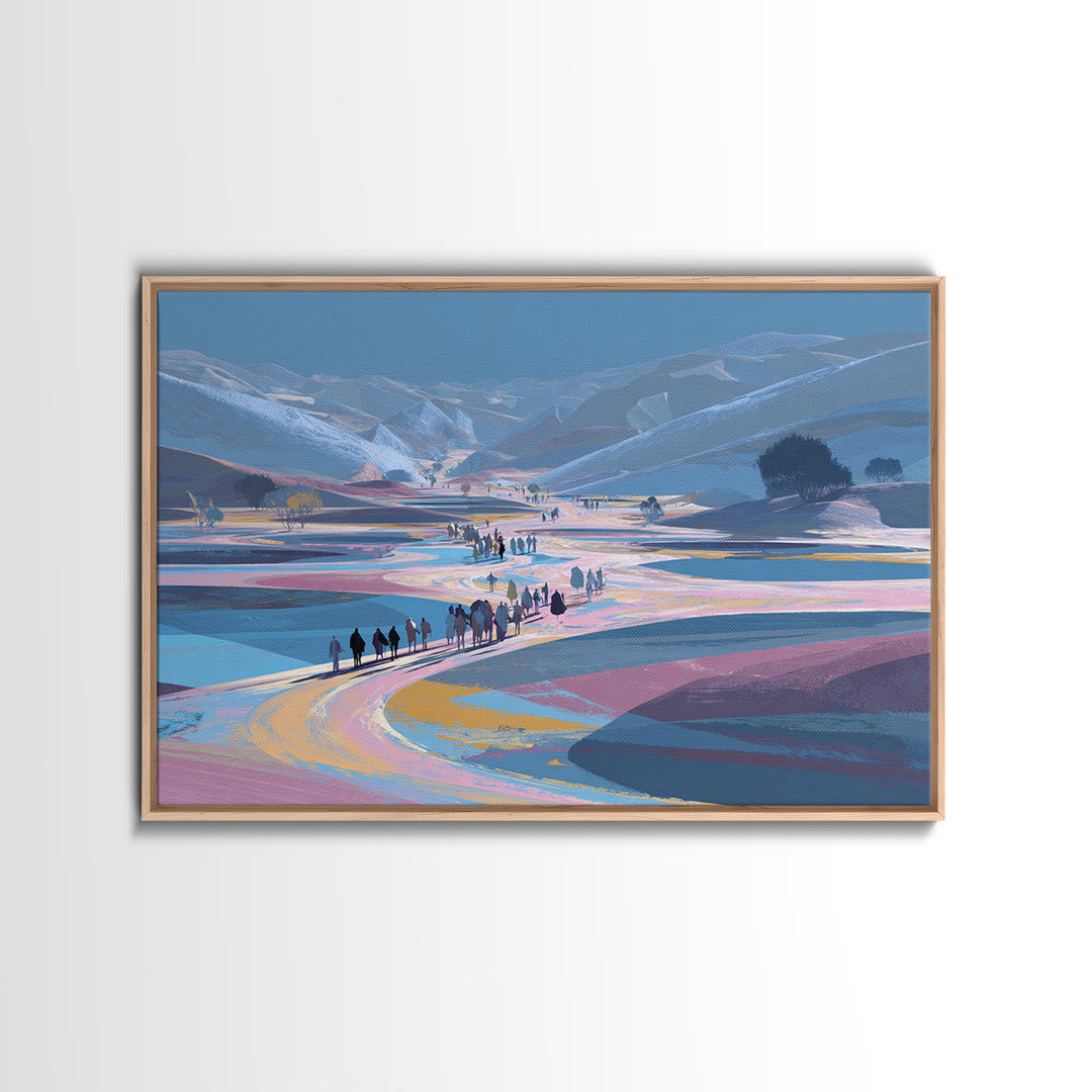 Pastel Mountain Valley Caravan Wall Art, African Landscape Inspired Travel Print, Blue Pink Nature Scene Art, Large Decor