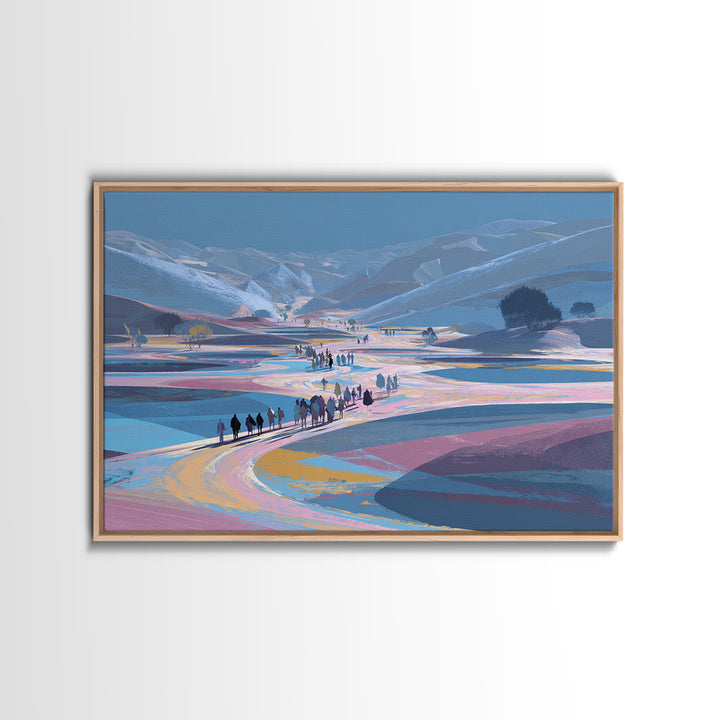 Pastel Mountain Valley Caravan Wall Art, African Landscape Inspired Travel Print, Blue Pink Nature Scene Art, Large Decor