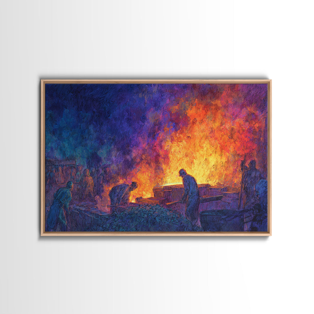 Workers Around Blazing Forge Wall Art, African American Art, Industrial Painting, Blue Orange Decor, Cultural Home Decor