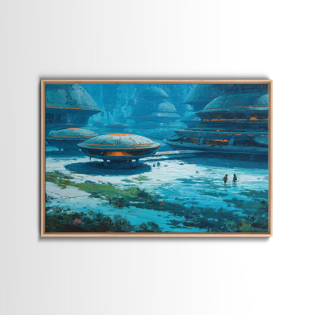 Blue Futuristic African Village Canvas Print, Afrofuturism Decor, Sci Fi Landscape, Modern Canvas Art, Unique Home Decor Gift