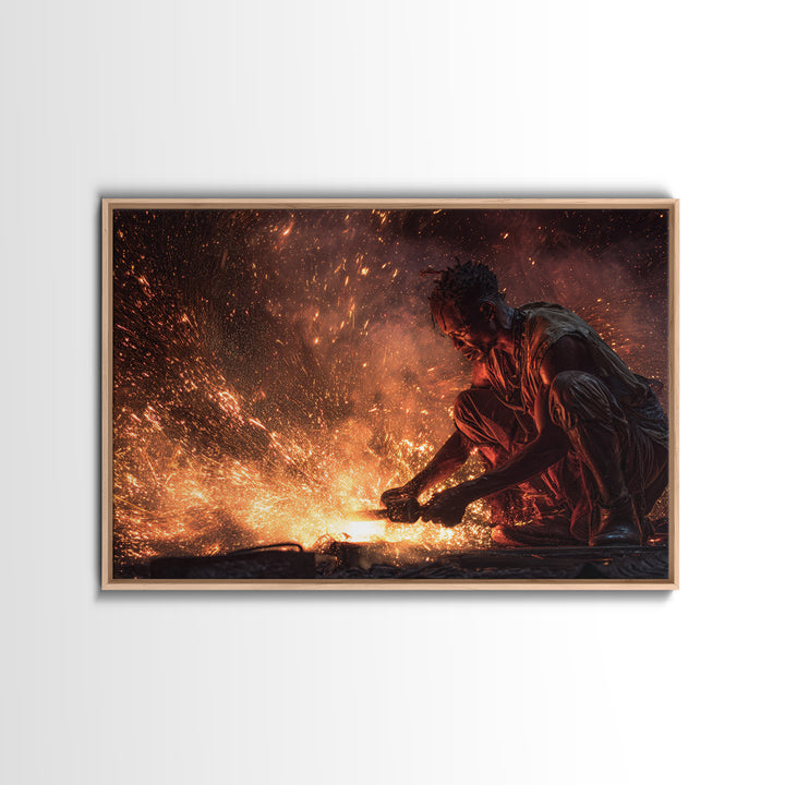 Black Artisan Forging Sparks Framed Canvas Print, African American Art, Black Man Portrait, Powerful Industrial Wall Decor Gift