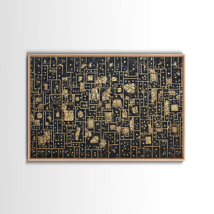 Gold Linear Geometric Maze Canvas Print, African Abstract Art, Black And Gold Art, Luxury Canvas Art, Elegant Wall Decor