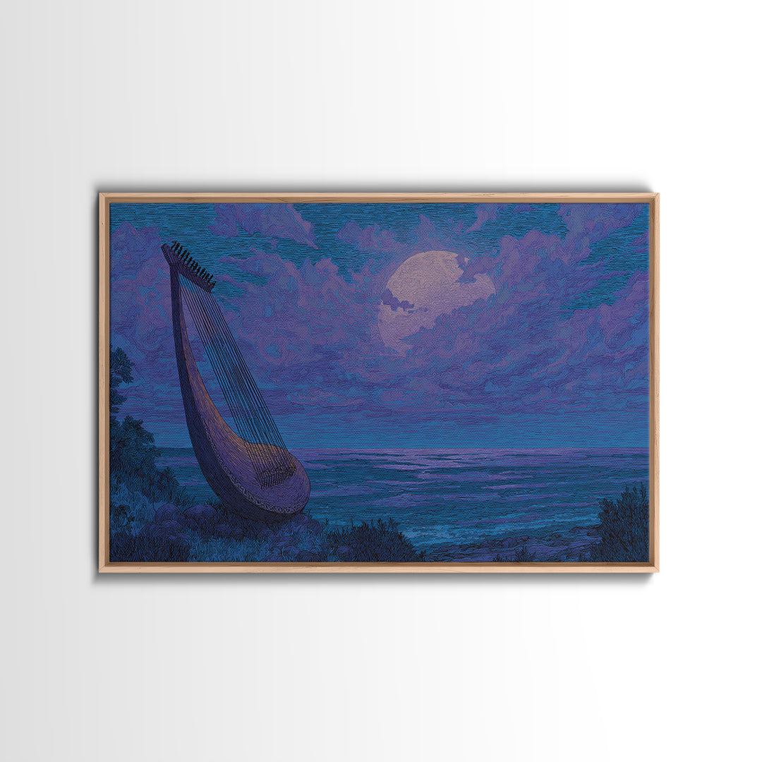 Moonlit African Kora By Ocean, Blue Purple Canvas Print, Afrocentric Wall Decor, African Music Art, Dreamy Coastal Decor