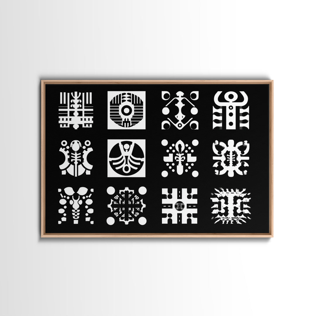 Black And White African Tribal Symbols Wall Art, Geometric Pattern Print, Afrocentric Decor, Modern African Art, Bold Office Decor